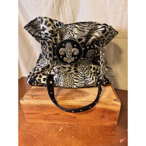 Y2K Kathy Van Zeeland Animal Print Shoulder Bag | Rhinestone Fleur-de-Lis
